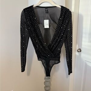 Black Rhinestone Long Sleeve Bodysuit